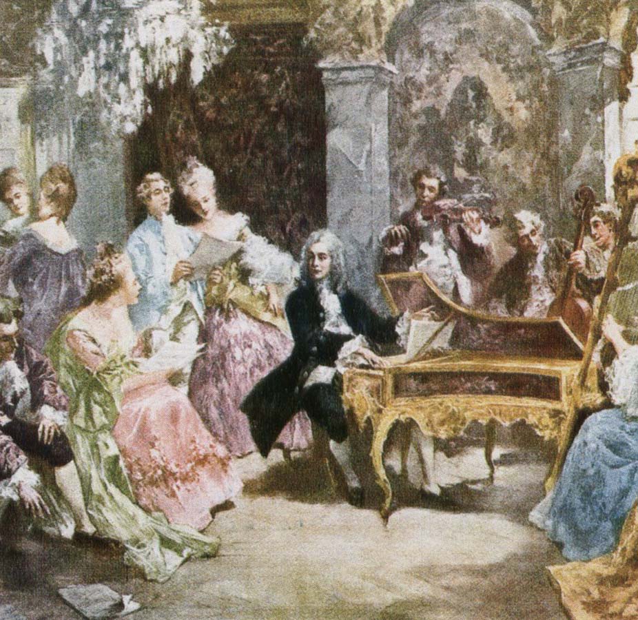 a romantic impression depicting handel making music at the keyboard with his friends.